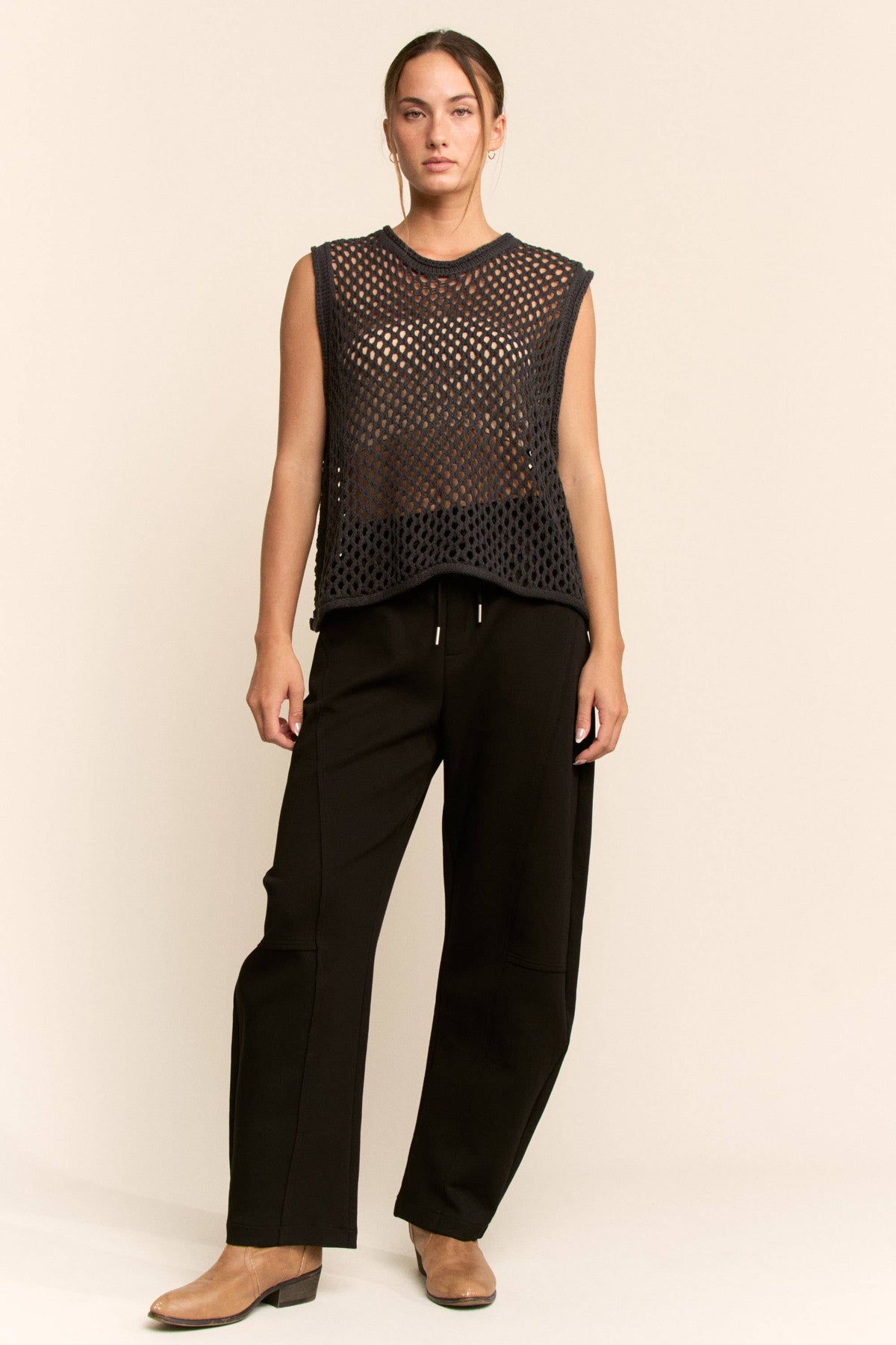 FISHNET OPEN-KNIT CREW NECK SWEATER VEST