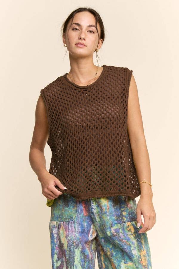 FISHNET OPEN-KNIT CREW NECK SWEATER VEST