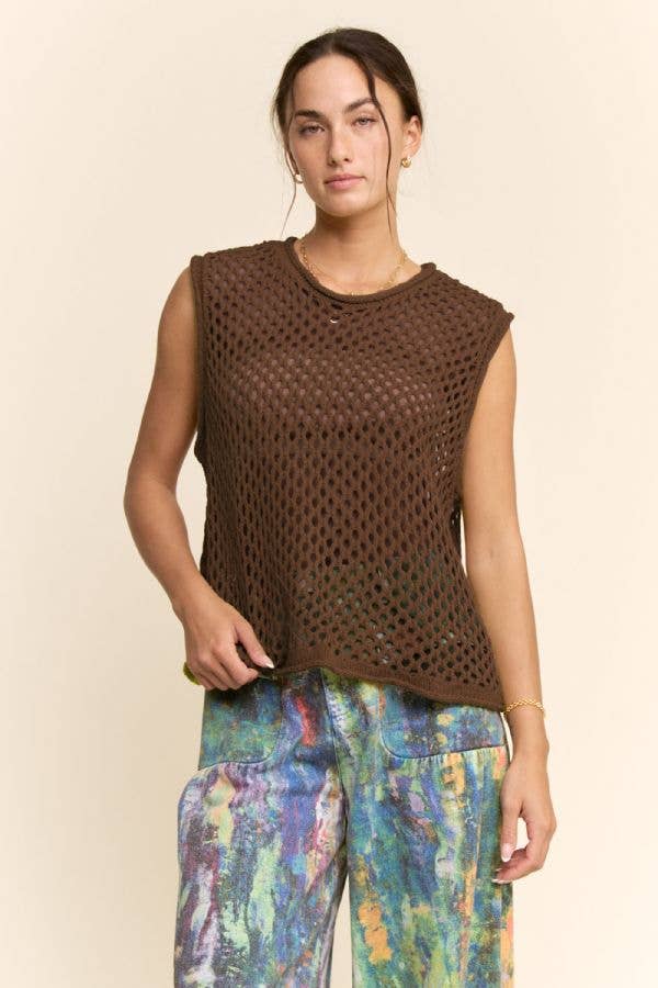 FISHNET OPEN-KNIT CREW NECK SWEATER VEST