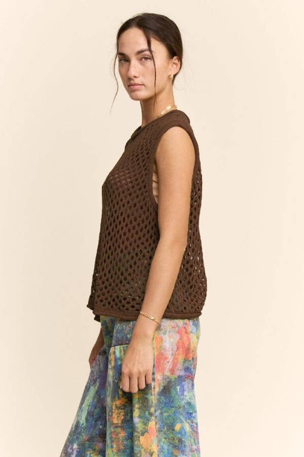 FISHNET OPEN-KNIT CREW NECK SWEATER VEST
